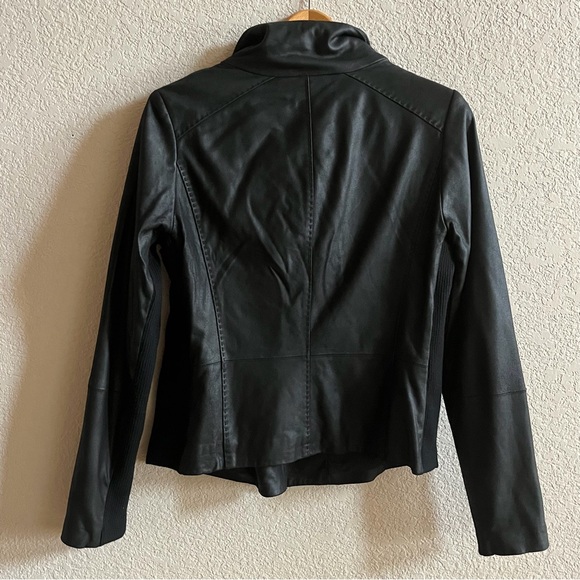 VINCE Size Large Goat Leather Moto Jacket Black wool knit panel Scuba neck NWOT - Picture 10 of 13